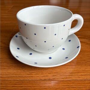 White Porcelain Polka Dot Oversized  Teacup & Saucer - Blue Dots